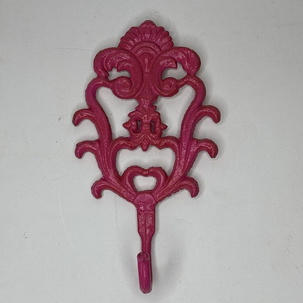 Ornate Pink Cast Iron Decorative Wall Hook Bracket with Keyhole Mounting